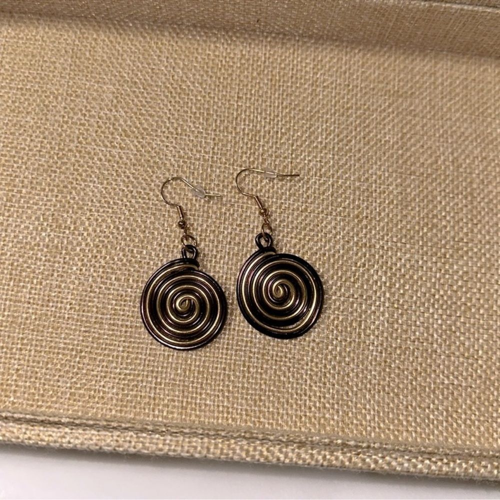 Psychedelic Gold Brown Tone Swirl Dangling Earrings